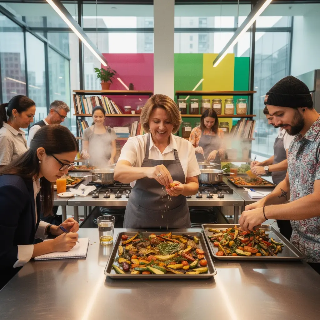 Příprava jídla v několika porcích na sloupcových kontejnerech s barevnými víky.