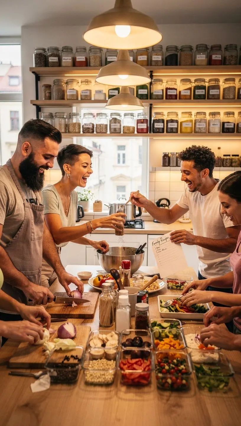 Rodina společně vaří a sdílí tipy na efektivní přípravu jídla.